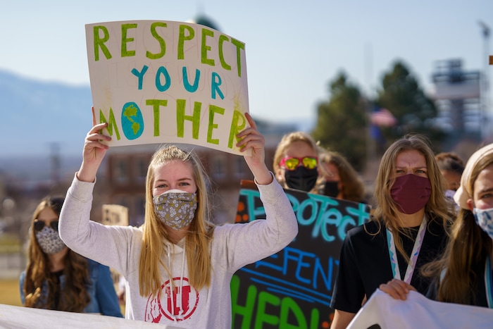 (Trent Nelson | The Salt Lake Tribune) Students protest inaction on the climate crisis at the state Capitol in Salt Lake City on Friday, March 19, 2021.