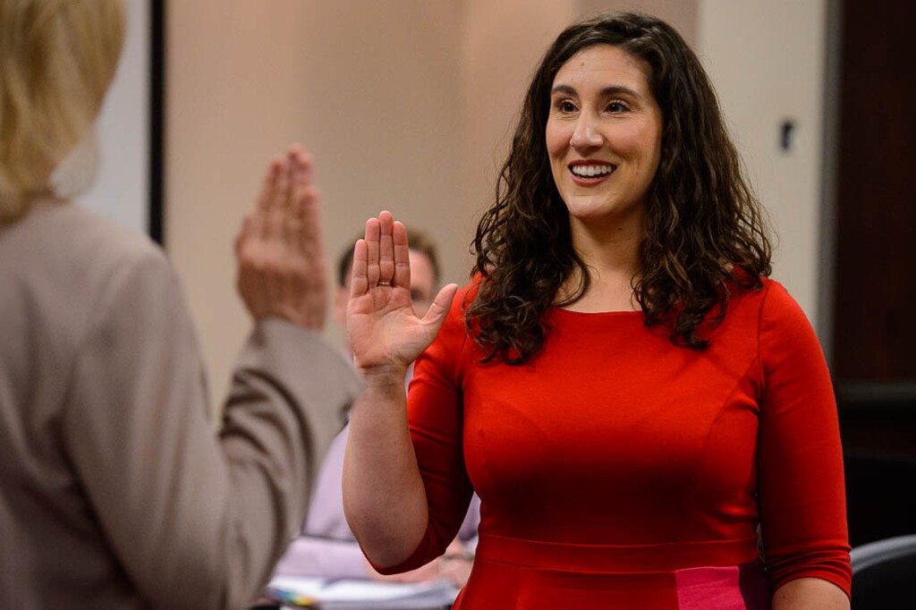 (Trent Nelson | The Salt Lake Tribune)
Newly-elected Salt Lake County Councilwoman Shireen Ghorbani takes the oath of office, administered by Salt Lake County Clerk Sherrie Swensen on Tuesday, Feb. 26, 2019, during the Salt Lake County Council's work session.
