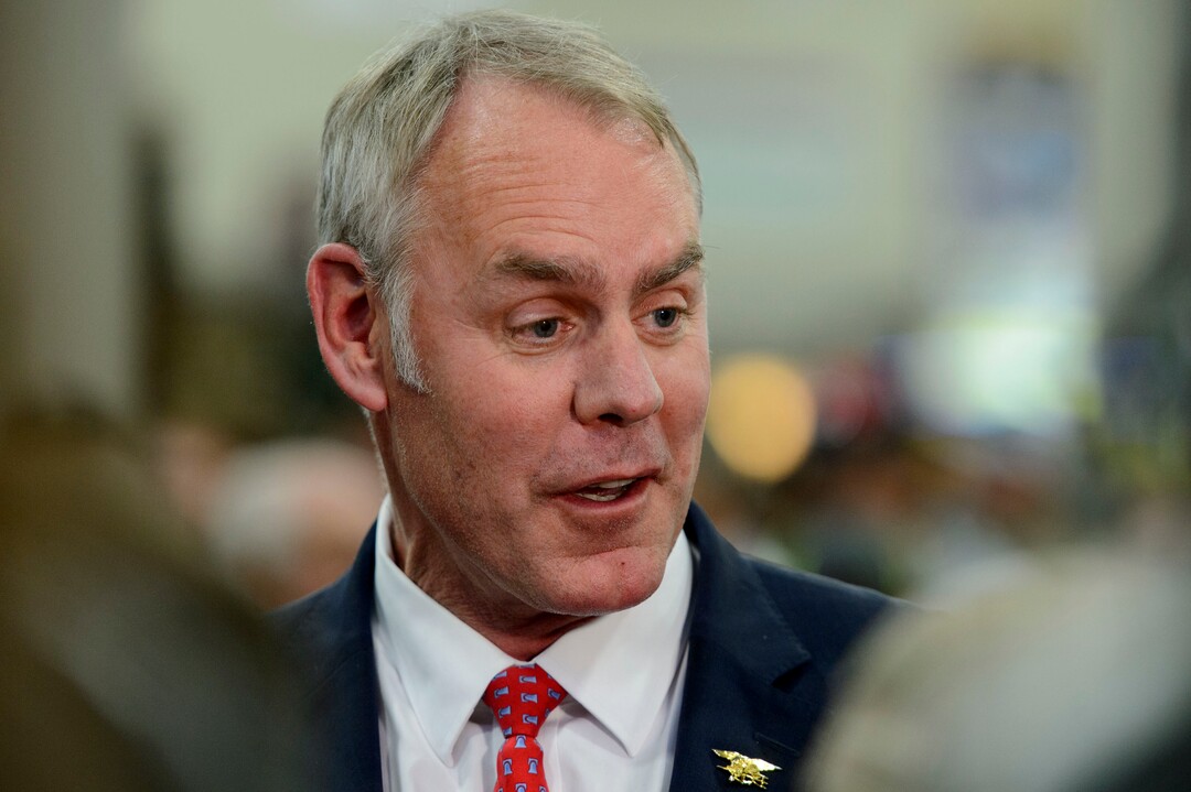 (Steve Griffin  |  The Salt Lake Tribune)  U.S. Secretary of the Interior Ryan Zinke talks with the media at the Hunting and Conservation Expo at the Salt Palace Convention Center in Salt Lake City on Friday, Feb. 9, 2018, after signing Secretarial Order 3362, aimed at improving habitat quality and Western winter range and migration corridors for big game.