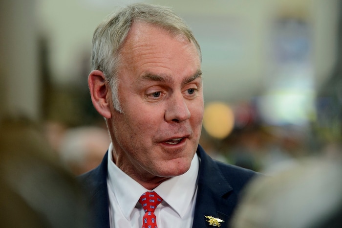 (Steve Griffin  |  The Salt Lake Tribune)  U.S. Secretary of the Interior Ryan Zinke talks with the media at the Hunting and Conservation Expo at the Salt Palace Convention Center in Salt Lake City on Friday, Feb. 9, 2018, after signing Secretarial Order 3362, aimed at improving habitat quality and Western winter range and migration corridors for big game.