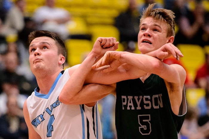 (Trent Nelson | The Salt Lake Tribune)  Payson vs. Sky View, 4A State high school basketball tournament at Utah Valley University in Orem, Thursday March 1, 2018. Sky View's Koebe Wilson (4) and Payson's Logan Sorensen (5).