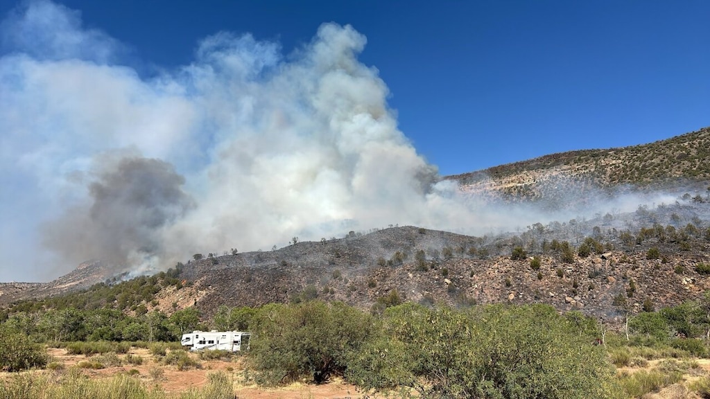 Utah Fire Info via Fox 13
The Kolob Fire burns near Virgin, Utah, on Saturday, July 27, 2024.