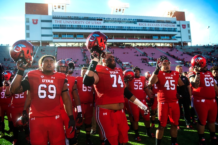 (Chris Detrick  |  The Salt Lake Tribune)  Utah Utes sing 'Utah Man' after the game at Rice-Eccles Stadium Saturday, October 21, 2017.  Arizona State Sun Devils defeated Utah Utes 30-10.