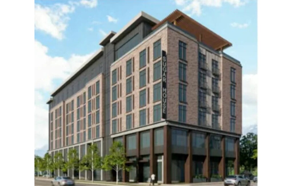 (Magnus Commercial Properties) Rendering of a seven-story hotel proposed for the western edge of Salt Lake City's Sugar House Park. The city's planning commission endorsed a zoning change Wednesday that would make the hotel possible.