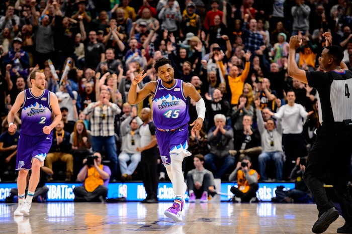 (Trent Nelson  |  The Salt Lake Tribune) Utah Jazz guard Donovan Mitchell (45) celebrates a three-pointer giving the Jazz a 115-110 lead with 1:05 left in the game, as the Utah Jazz host the Portland Trail Blazers, NBA basketball in Salt Lake City on Thursday, Dec. 26, 2019.