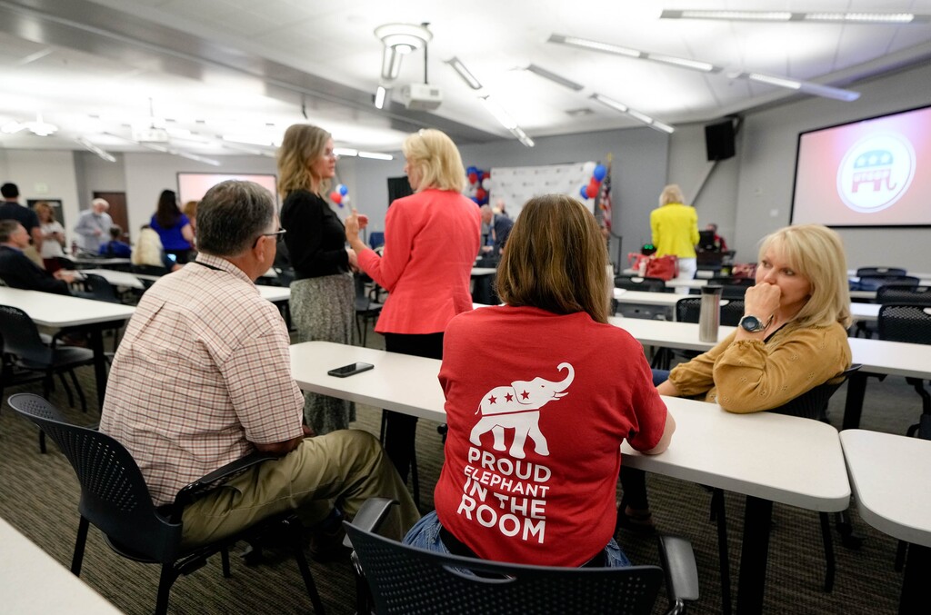 (Francisco Kjolseth | The Salt Lake Tribune) Members of the Utah GOP State Central Committee gather for the organization’s quarterly meeting in Sandy on Saturday, Aug. 13, 2022.