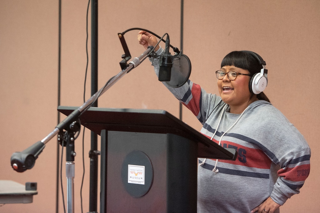(Alma E. Hernandez | Gallup Independent via AP) Alessandra Uentillie auditions for Mama Shark at the Navajo Nation Museum in Window Rock, Ariz., on Dec. 8, 2019. The museum held auditions to find actors for the Navajo version of Pinkfong's "Baby Shark."