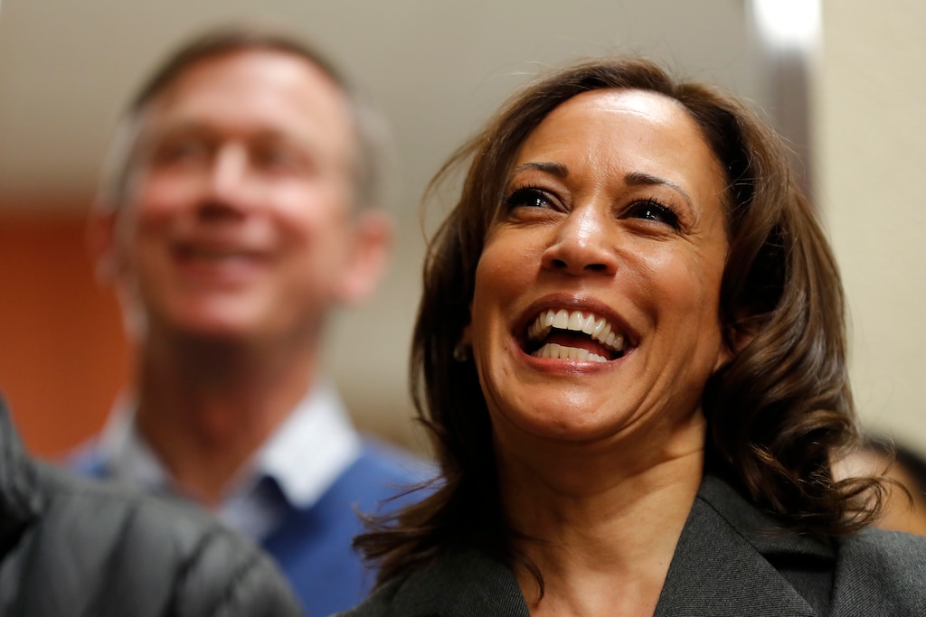 Democratic presidential candidate Sen. Kamala Harris waits to speak at the Story County Democrats' annual soup supper fundraiser, Saturday, Feb. 23, 2019, in Ames, Iowa. (AP Photo/Charlie Neibergall)