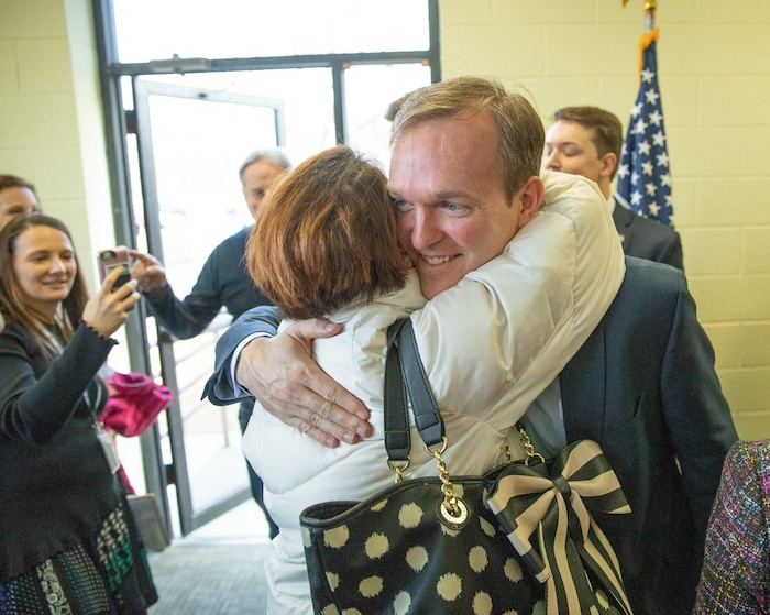 (Keith Johnson  |  for The Salt Lake Tribune) Newly elected Utah Congressman Ben McAdams, representing Utah's 4th District, hugs Miriam Hyde following a town hall meeting at the Redwood Recreational Center in West Valley City, Utah on Jan. 19, 2019. McAdams held the town hall meeting to make good on a promise to be more accessible to constituents, a criticism he leveled against former congresswoman Mia Love during McAdam's campaign. 