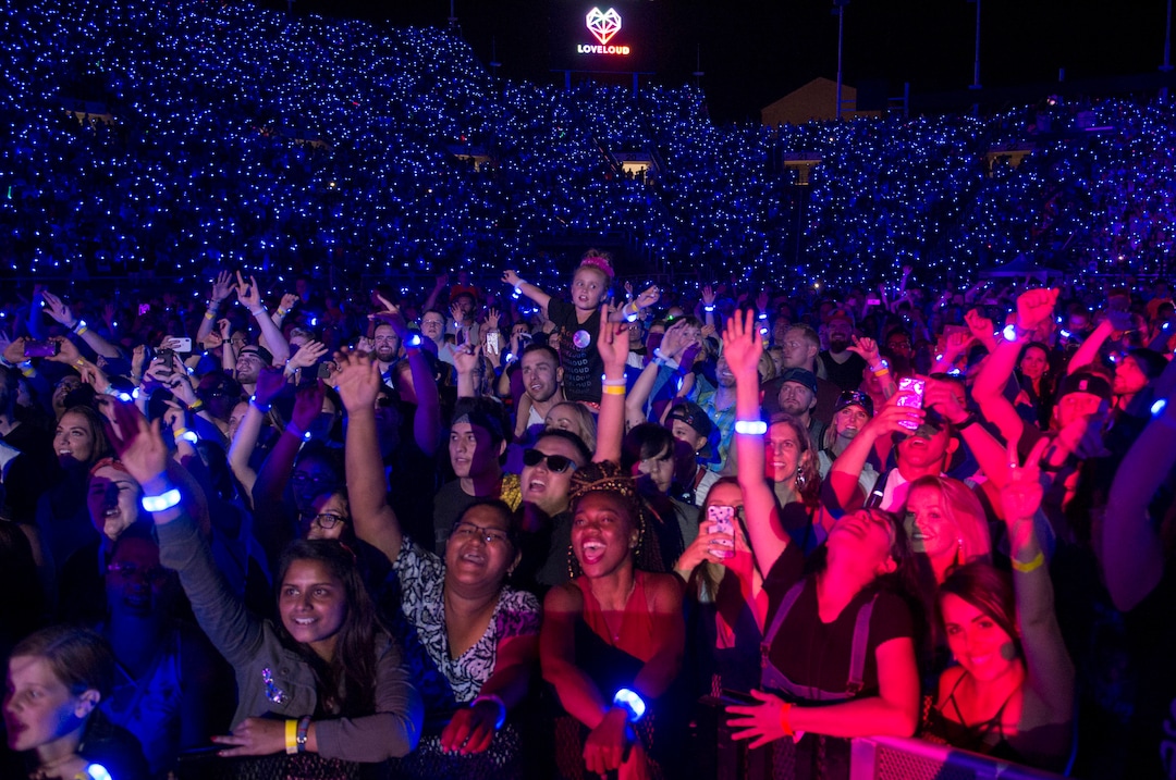 (Rick Egan  |  The Salt Lake Tribune)     The crowd cheers as Imagine Dragons play at the Loveloud Festival at Rice-Eccles Stadium, Saturday, July 28, 2018. 