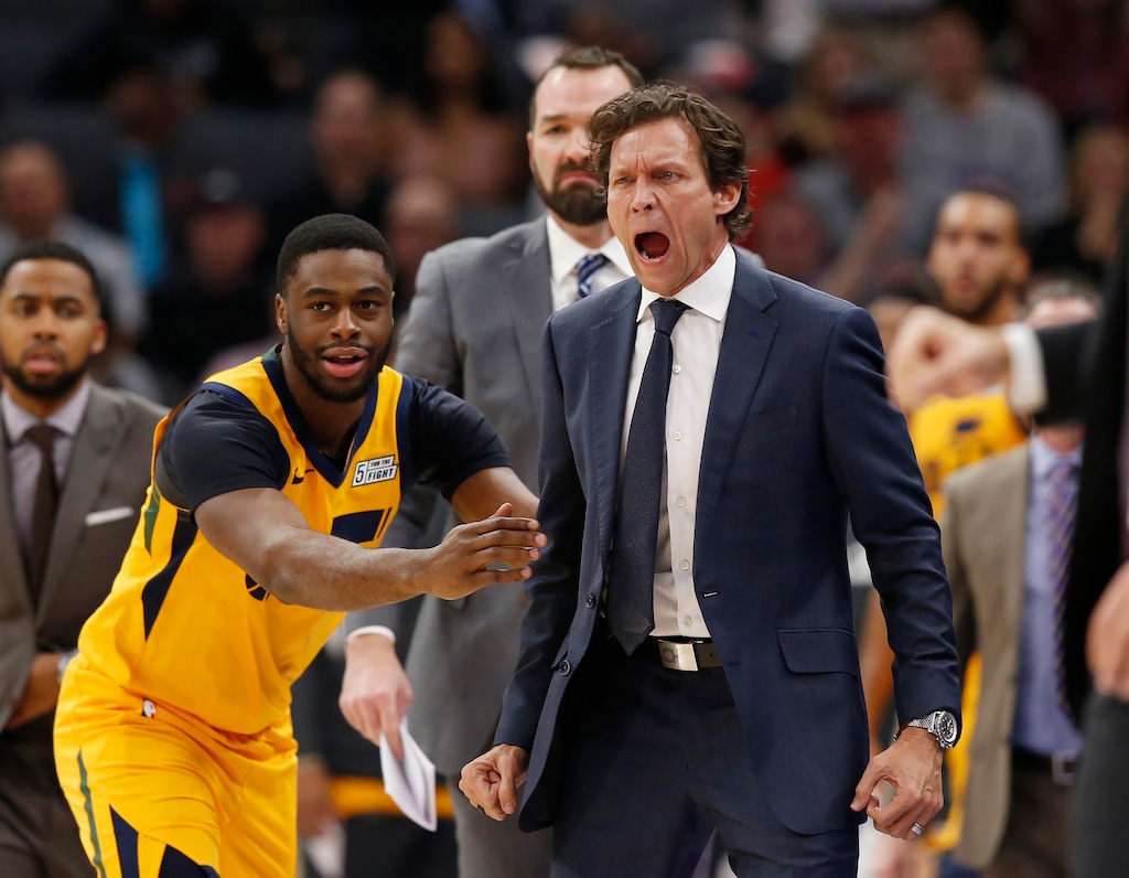 (Rich Pedroncelli | AP) Utah Jazz coach Quin Snyder, right, shouts about a call during the second half of the team's NBA basketball game against the Sacramento Kings in Sacramento, Calif., Friday, Nov. 1, 2019. The Kings won 102-101.