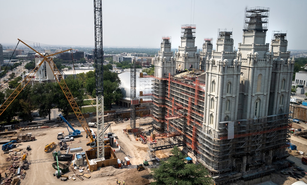 (Leah Hogsten | The Salt Lake Tribune) The Salt Lake Temple of The Church of Jesus Christ of Latter-day Saints his under major ongoing renovations, Aug. 4, 2021. 