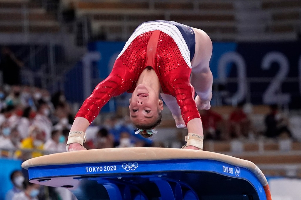 (Gregory Bull | AP) Grace McCallum, of the United States, performs on the vault during the artistic gymnastics women's final at the 2020 Summer Olympics, Tuesday, July 27, 2021, in Tokyo.