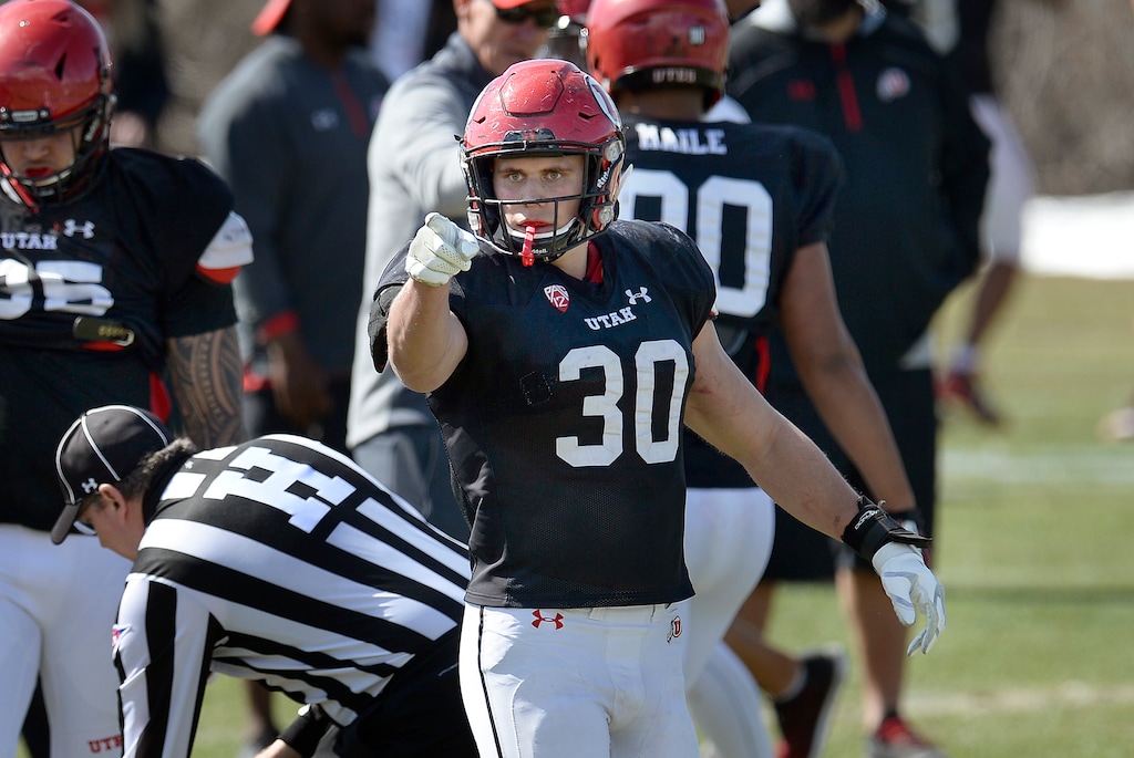 Scott Sommerdorf | The Salt Lake Tribune file photo
Utah LB Cody Barton points to someone watching from the sidelines during Utah spring football practice, Saturday, March 10, 2018.