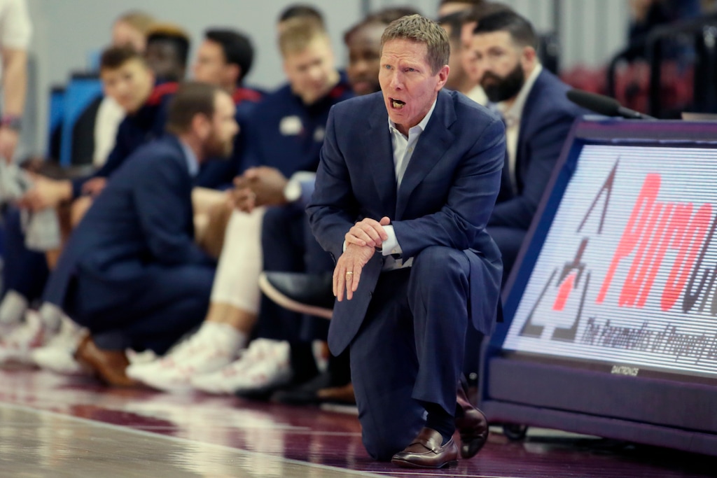 Gonzaga head coach Mark Few yells out during the first half of an NCAA college basketball game against Loyola Marymount in Los Angeles, Saturday, Jan. 11, 2020. (AP Photo/Alex Gallardo)