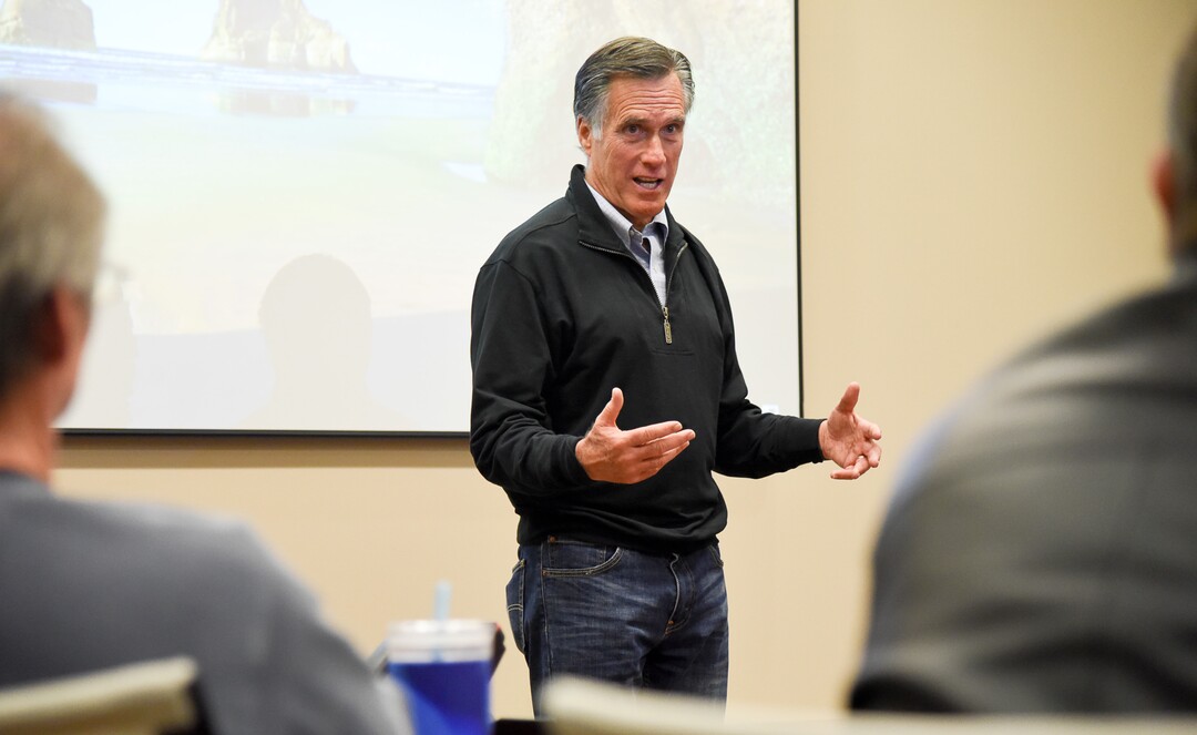 (Francisco Kjolseth  |  The Salt Lake Tribune)  U.S. Senator Mitt Romney visits some of the overflow rooms after holding a town hall meeting at the Davis County administration building, Tuesday, January 22, 2019, to hear from local residents.