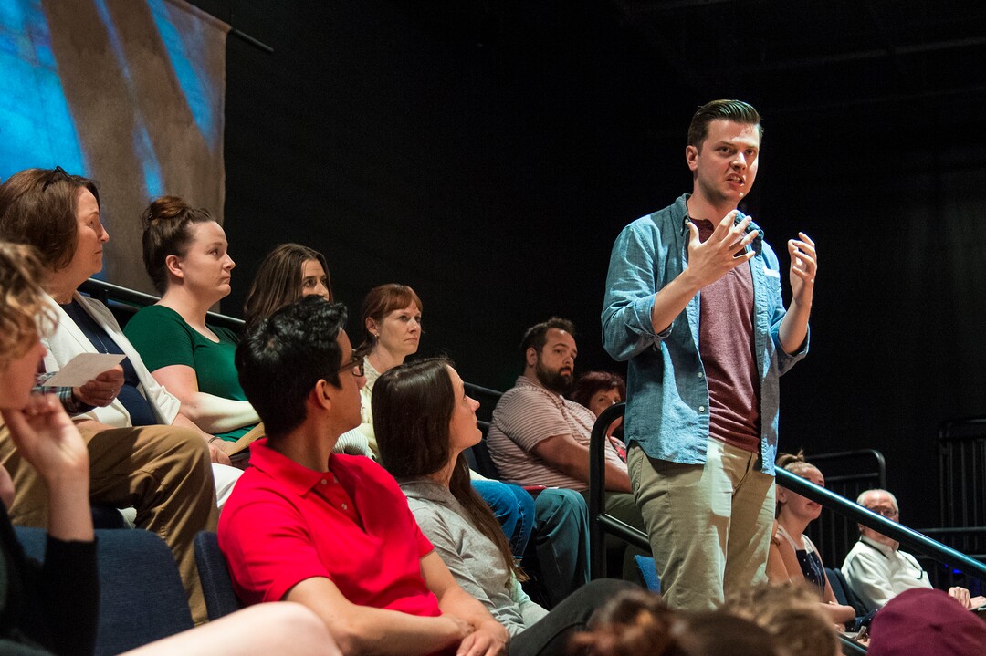 (Photo courtesy Karl Hugh/Utah Shakespeare Festival) Michael Doherty (standing) interacts with audience members in the Utah Shakespeare Festival production of “Every Brilliant Thing.”