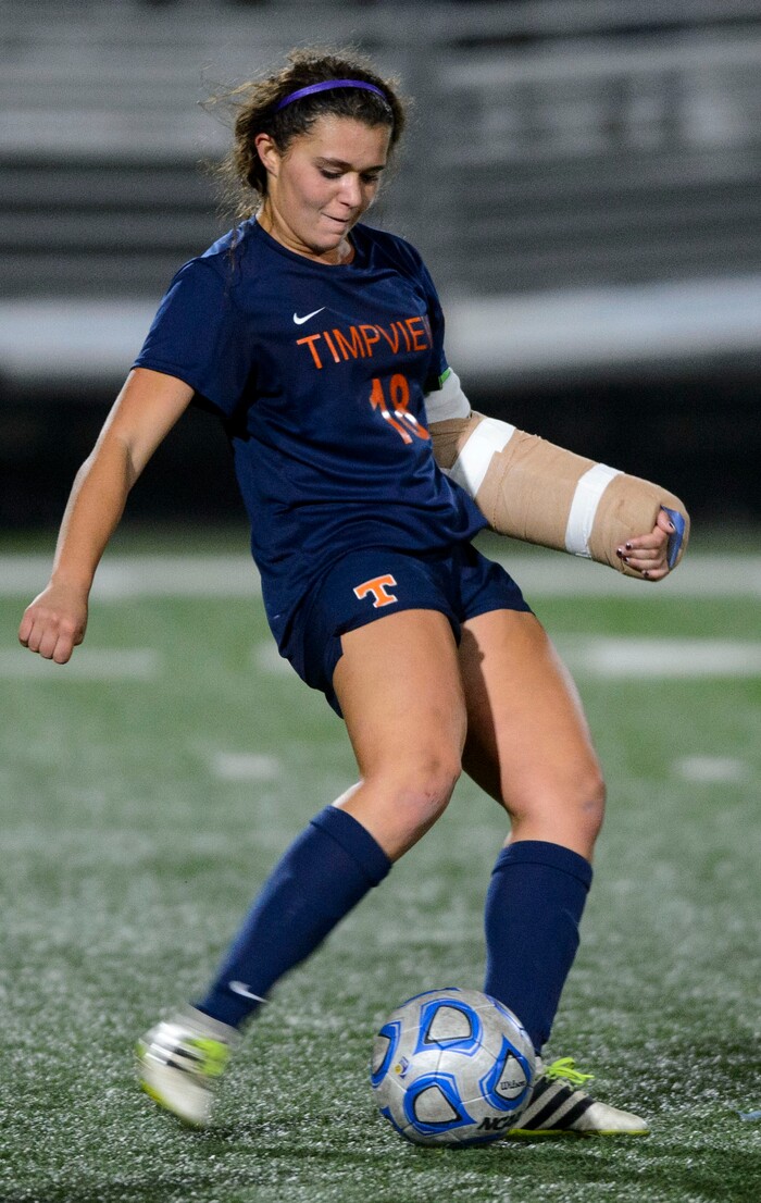 (Steve Griffin | The Salt Lake Tribune) With her arm heavily bandaged Timpview 's Katie Haskins kicks the ball downfield during their 5A semifinal girl's soccer match against Timpanogos at Juan Diego High School in Draper Tuesday October 17, 2017.