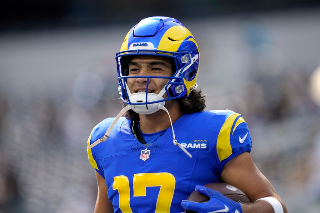 Los Angeles Rams wide receiver Puka Nacua (17) warms up prior to an NFL football game against the Pittsburgh Steelers Sunday, Oct. 22, 2023, in Inglewood, Calif. (AP Photo/Ashley Landis)
