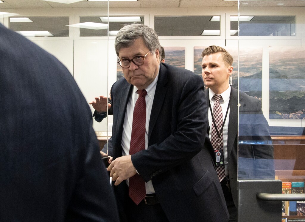 Attorney General nominee Bill Barr departs after meeting with Sen. James Lankford, R-Okla., on Capitol Hill in Washington, Monday, Jan. 26, 2019. The Judiciary panel is set to vote on Barr's nomination Tuesday. (AP Photo/J. Scott Applewhite)