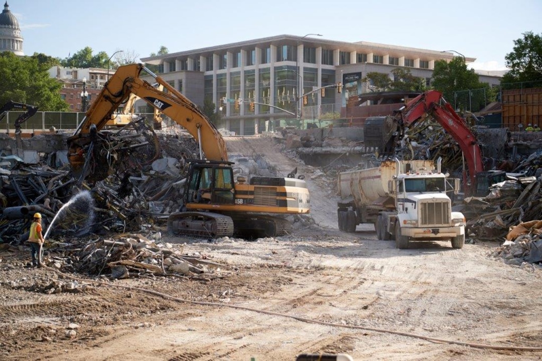 (Photo courtesy of The Church of Jesus Christ of Latter-day Saints) Piles of steel, copper, aluminum, stone and concrete are loaded and trucked to recycling plants from the Salt Lake Temple renovation project in this July 2020 photo. The sorting of the repurposed refuse is more time consuming but considered the right thing to do by the church and its contractors, the church said.