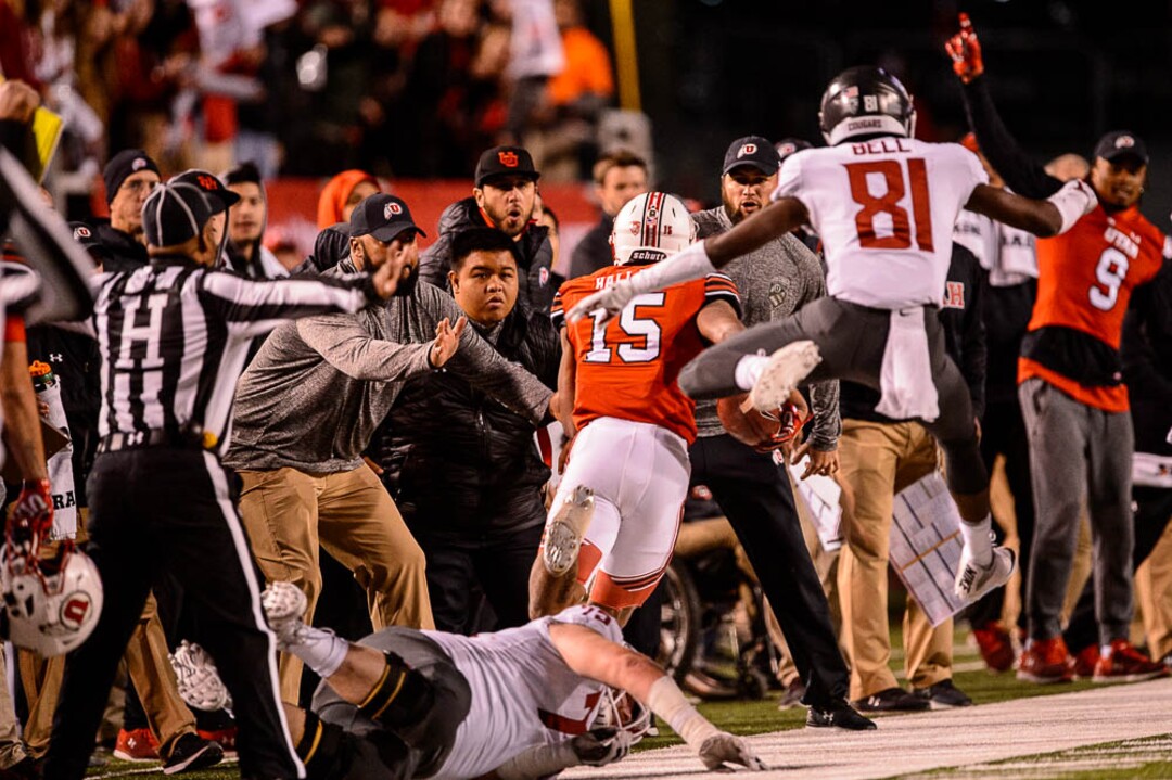 (Trent Nelson | The Salt Lake Tribune)  Utah Utes defensive back Corrion Ballard (15) runs an interception out of bounds as the University of Utah hosts Washington State, NCAA football in Salt Lake City, Saturday November 11, 2017.