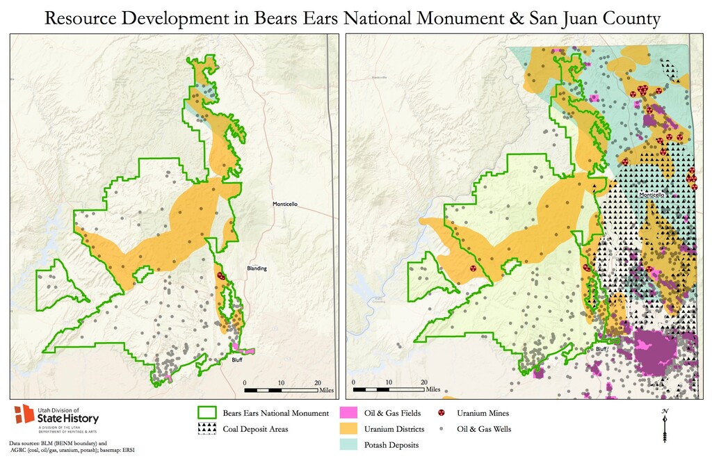This map, obtained through an open records request to the Utah Department of State History, shows energy resources in and around the Bears Ears National Monument. The orange stripe shows uranium deposits. Most of the coal, oil, natural gas and potash is located to the east of the monument.