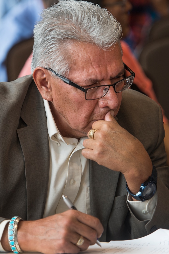 (Leah Hogsten  |  The Salt Lake Tribune) Woody Lee, an interpreter with the Navajo Nation, was one of three translators working the meetings so that tribal members could be heard and also hear the opinions of their fellow county residents.  San Juan County residents were presented with proposals of the newly redrawn county commission and school board districts during hearings in Monticello and Bluff, November 16, 2017. The new boundaries could give members of the Navajo Nation a significant majority in two of three commission districts and three of five school board voting districts.