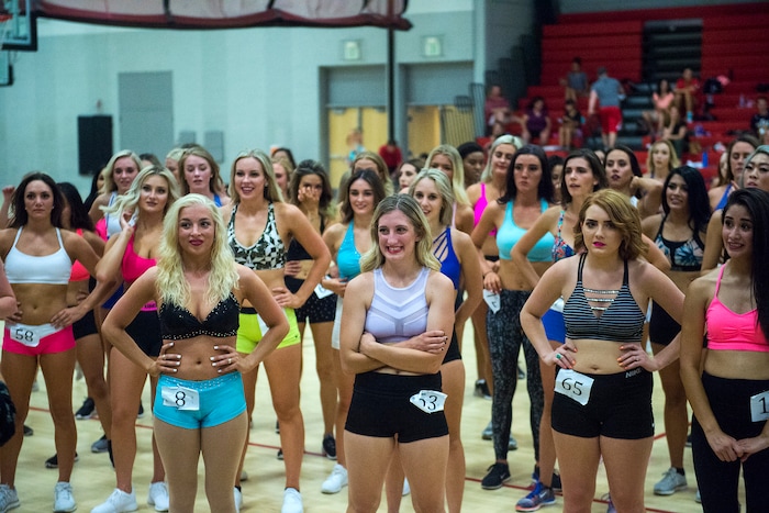 Chris Detrick | The Salt Lake Tribune
Women wait to audition at West High School Saturday, July 8, 2017. 125 women auditioned for sixteen spots on the America First Jazz Dancers team.
