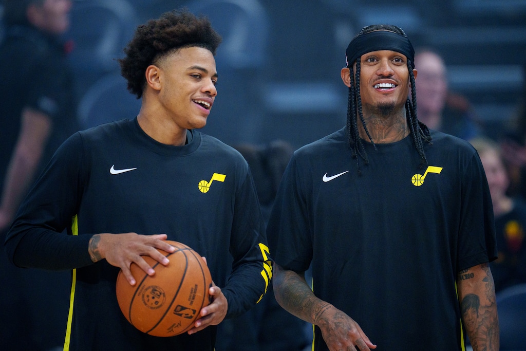 (Trent Nelson  |  The Salt Lake Tribune) Utah Jazz guard Keyonte George (3) and Utah Jazz guard Jordan Clarkson (00) as the Utah Jazz host the LA Clippers, NBA basketball in Salt Lake City on Friday, Oct. 27, 2023.