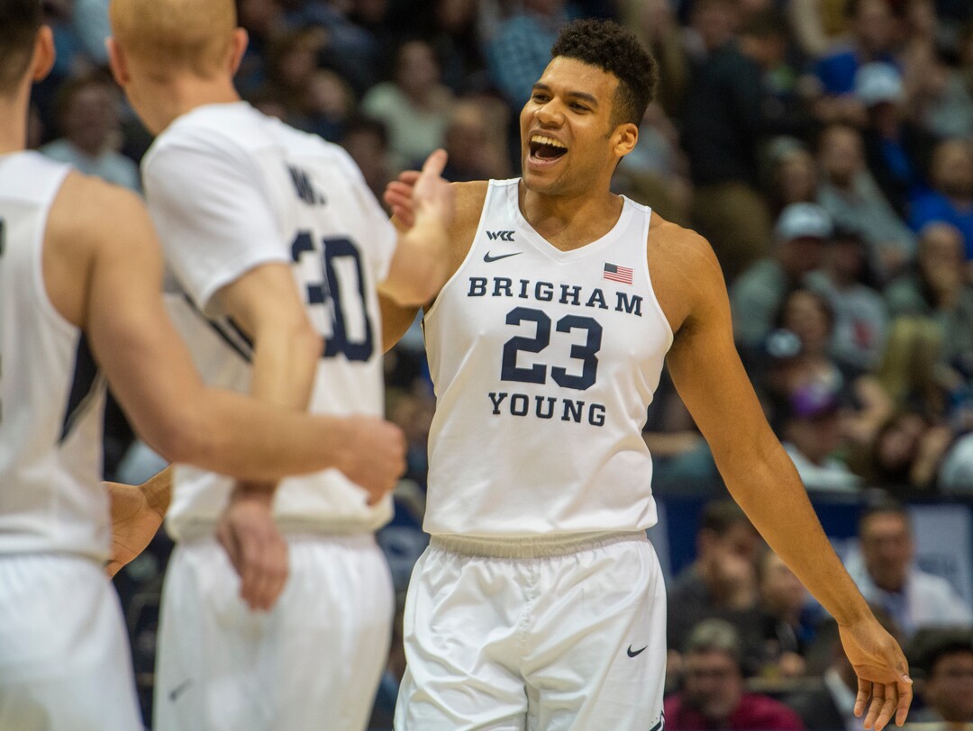 (Rick Egan  |  The Salt Lake Tribune)    Brigham Young forward Yoeli Childs (23) celebrate with team mates as the Cougars extends their lead, in WCC basketball acton between the Brigham Young Cougars and the San Francisco Dons, at the Marriott Center, Saturday, Feb. 8, 2020.