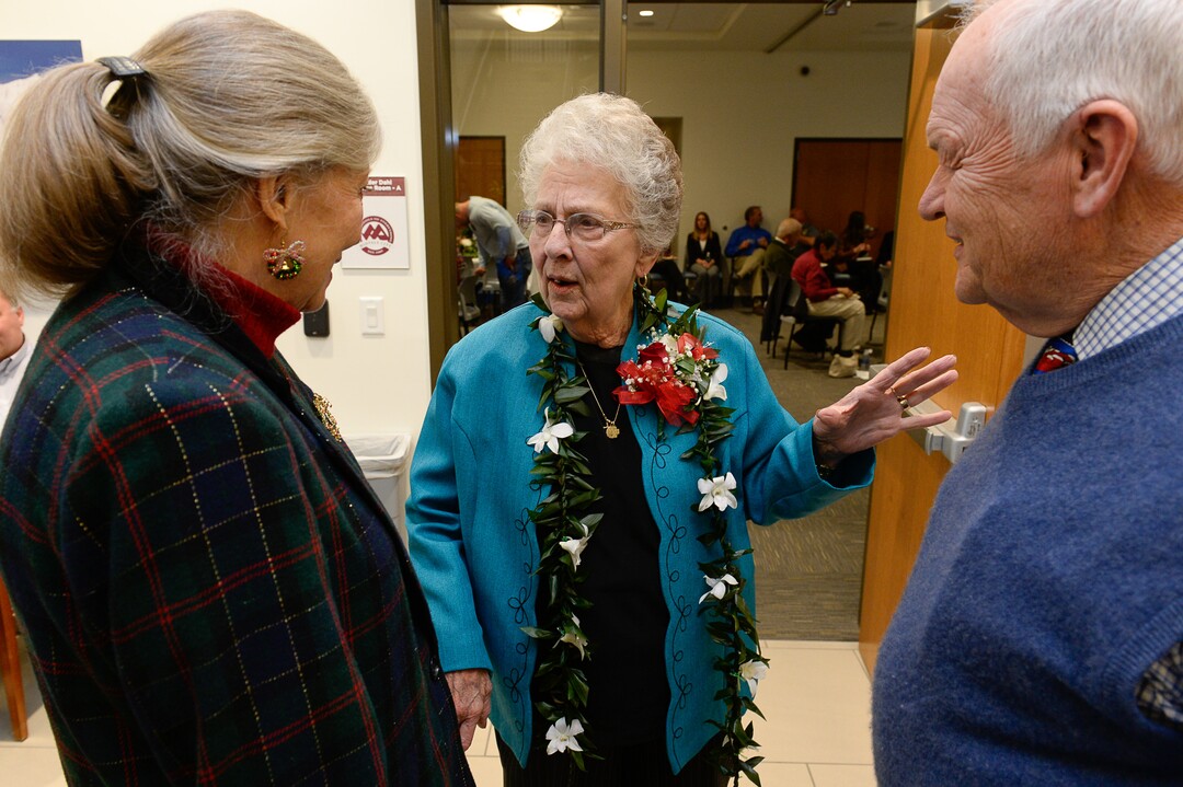 (Francisco Kjolseth  |  The Salt Lake Tribune)  As Midvale Mayor JoAnn Seghini, center, heads into her retirement the city hosts a reception in her honor at Midvale City Hall on Thursday, Dec. 14, 2017, as she speaks with Mayor elect Robert Hale and his wife Susan. 