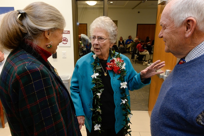 (Francisco Kjolseth  |  The Salt Lake Tribune)  As Midvale Mayor JoAnn Seghini, center, heads into her retirement the city hosts a reception in her honor at Midvale City Hall on Thursday, Dec. 14, 2017, as she speaks with Mayor elect Robert Hale and his wife Susan. 