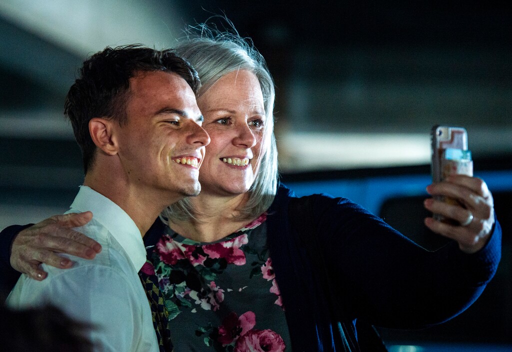 (Rick Egan  |  The Salt Lake Tribune)  Bonnie Blad takes a selfie with her son Elder Alex Blad, who just returned form the Philippines, at the Salt Lake International Airport, Sunday, March 22, 2020.