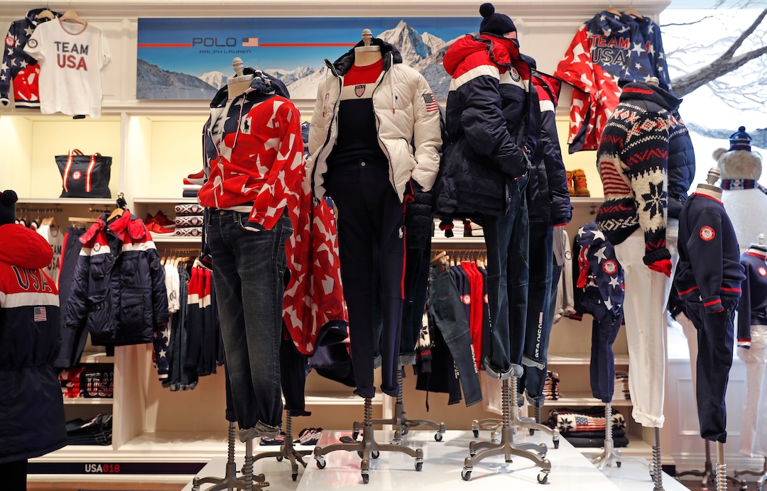 Clothing by Polo Ralph Lauren to be worn by Team USA athletes in the upcoming Winter Olympics in South Korea is displayed on mannequins in the brands's Prince Street store, Monday, Jan. 22, 2018, in New York. (AP Photo/Kathy Willens)
