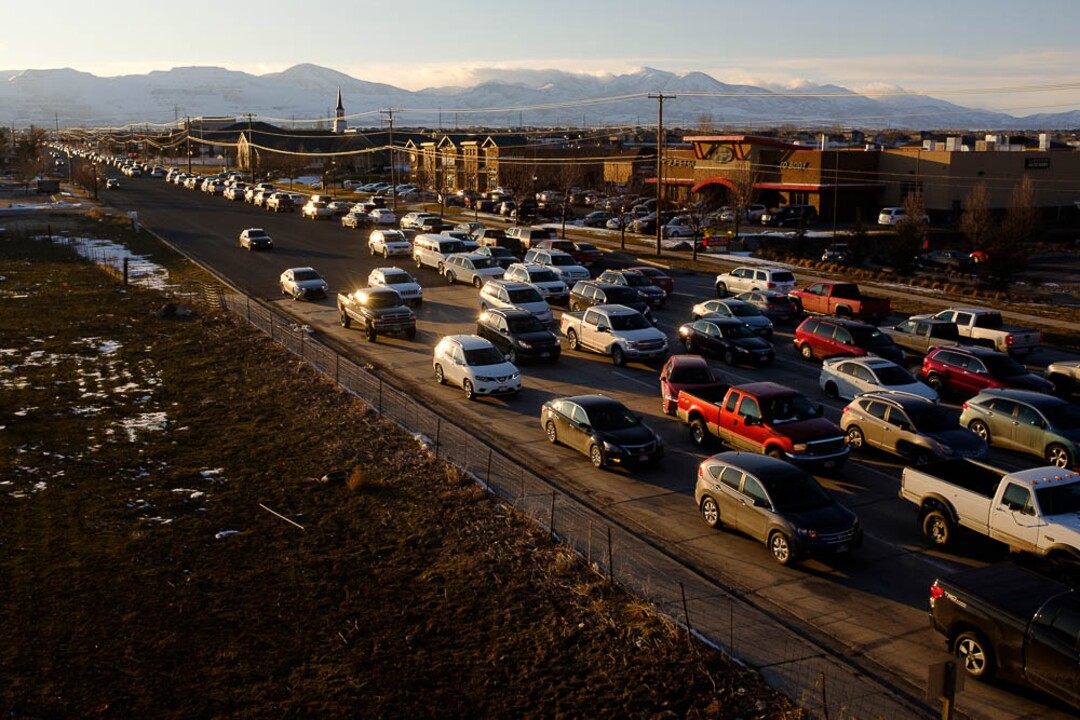 (Trent Nelson | The Salt Lake Tribune)  Rush hour traffic heading west, backed up on 12600 South at Bangerter Highway in Riverton on Friday Feb. 22, 2019. Mayors in southwest Salt Lake County say that area is in a transportation crisis, as major east-west roads serving the area are overwhelmed with traffic at rush hour.