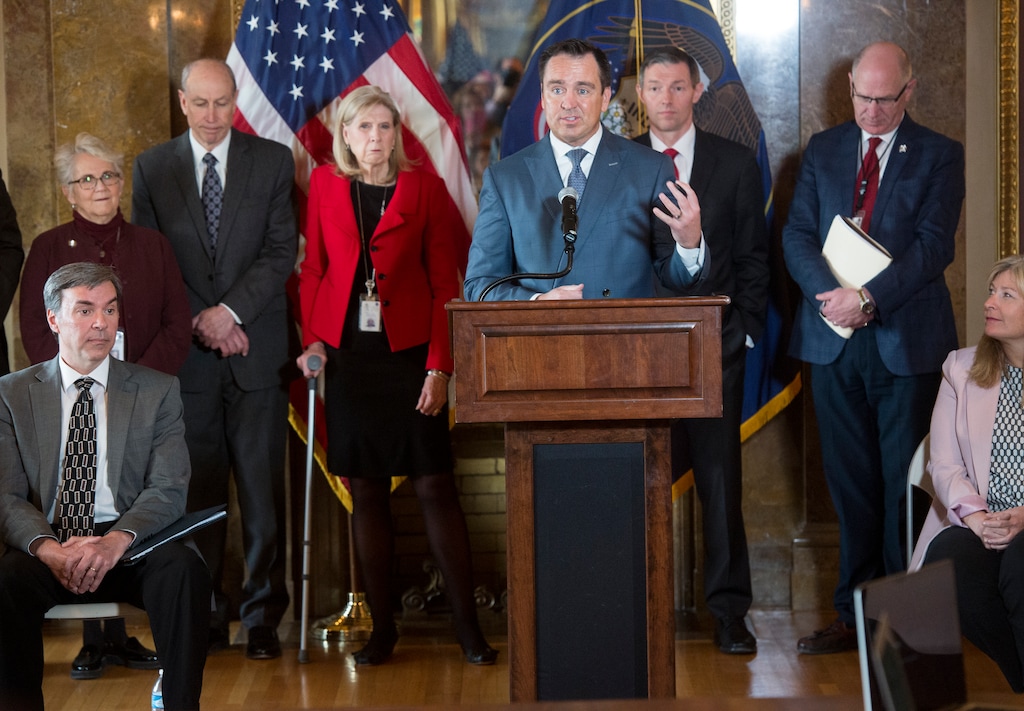 (Rick Egan  |  The Salt Lake Tribune)   Speaker Greg Hughes talks about the new Utah School Safety Commission during a news conference at the Utah State Capitol, Thursday, March 1, 2018. 