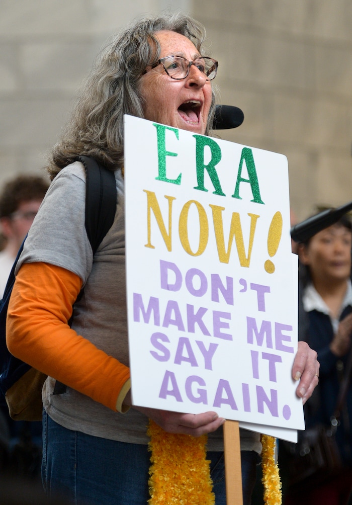 (Leah Hogsten | The Salt Lake Tribune) Sophie Thomas of Orem at Amplifying WomenÕs Voices rally to celebrate International WomenÕs Day at the Utah State Capitol Rotunda, hosted by KRCL, Thursday, March 8, 2018.