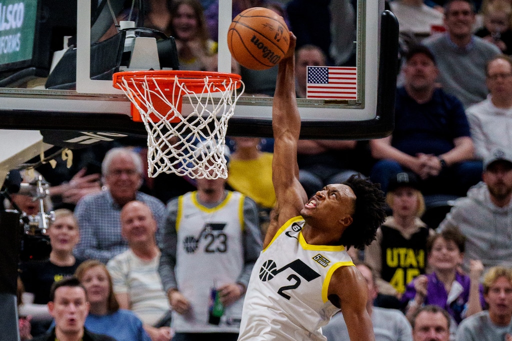 (Trent Nelson  |  The Salt Lake Tribune) Utah Jazz guard Collin Sexton (2) dunks the ball as the Utah Jazz host the Los Angeles Clippers, NBA basketball in Salt Lake City on Wednesday, Jan. 18, 2023.