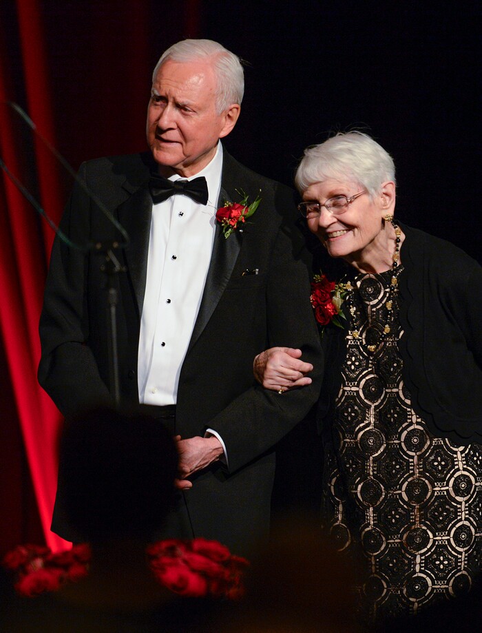 Leah Hogsten | The Salt Lake Tribune
The Salt Lake Chamber awarded Senator Orrin G. Hatch, with his wife Elaine by his side, as the 39th Giant in Our City, in honor of his exceptional and distinguished service and extraordinary professional achievement, Saturday, June 9, 2018 at Grand America Hotel.