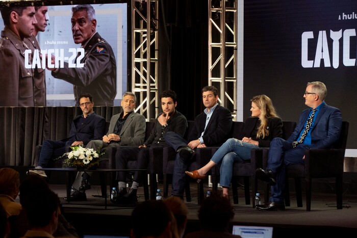 Grant Heslov, from left, George Clooney, Christopher Abbott, Kyle Chandler, Ellen Kuras and Luke Davies participate in the "Catch-22" panel during the Hulu presentation at the Television Critics Association Winter Press Tour at The Langham Huntington on Monday, Feb. 11, 2019, in Pasadena, Calif. (Photo by Willy Sanjuan/Invision/AP)