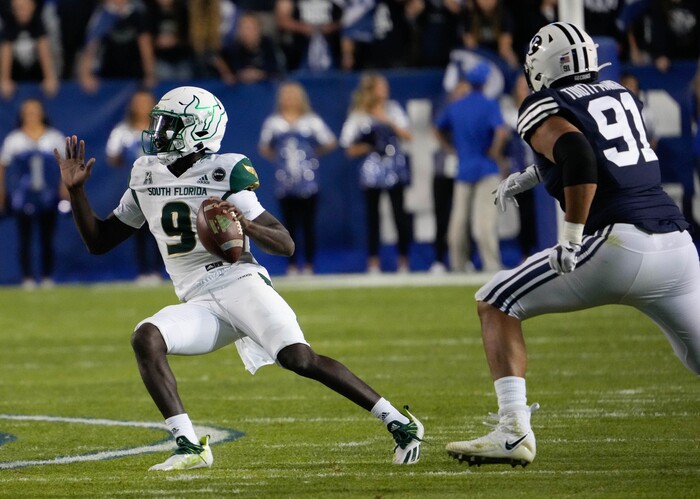 (Francisco Kjolseth | The Salt Lake Tribune) in game action between the Brigham Young Cougars and the South Florida Bulls at LaVell Edwards Stadium in Provo, Saturday, Sept. 25, 2021.