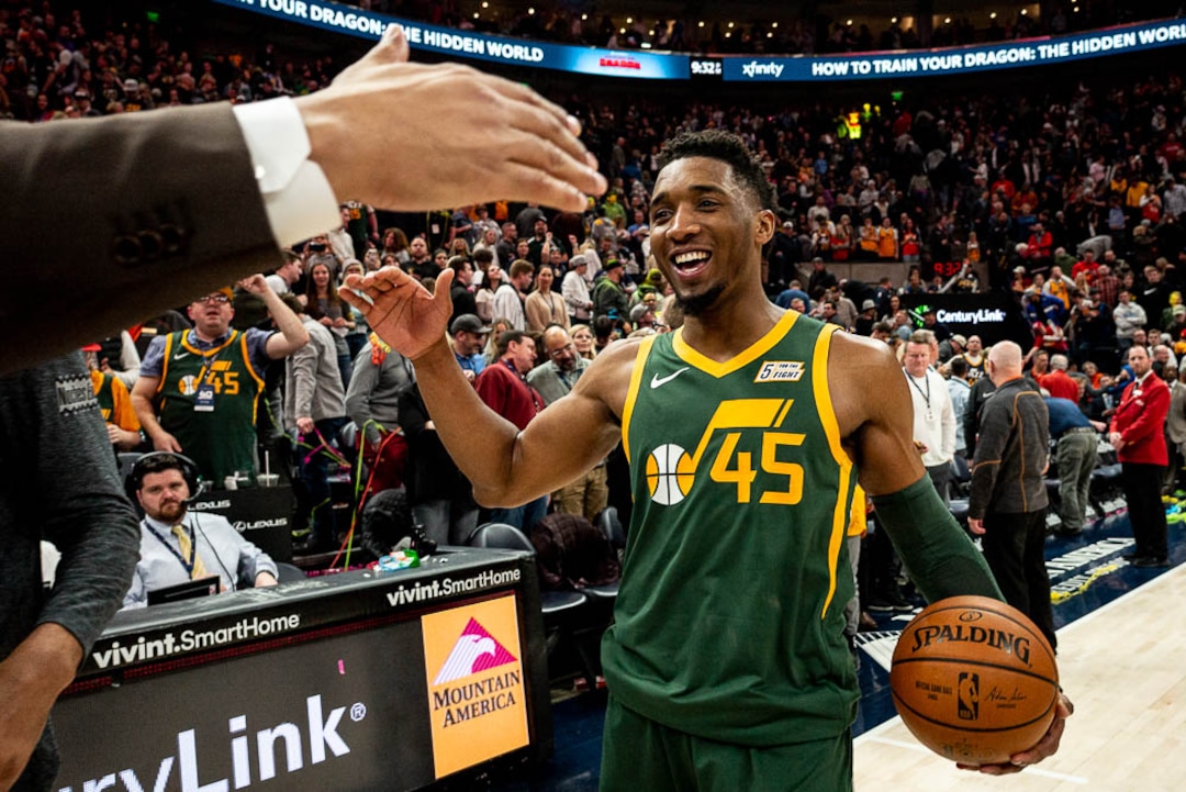(Trent Nelson | The Salt Lake Tribune)  Utah Jazz guard Donovan Mitchell (45) celebrates the win as the Utah Jazz host the Milwaukee Bucks, NBA basketball in Salt Lake City on Saturday March 2, 2019.