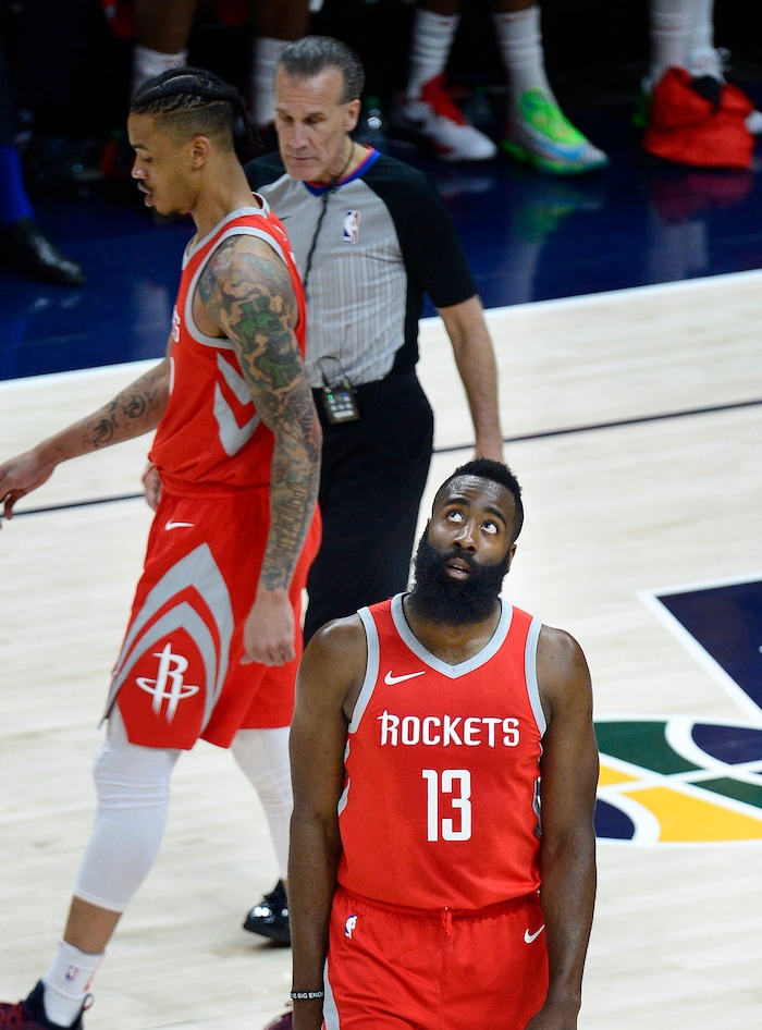(Scott Sommerdorf | The Salt Lake Tribune)
Houston Rockets guard James Harden (13) looks up at the scoreboard during first half play. The Rockets led the Jazz 58-48 at the half, Sunday, May 6, 2018.