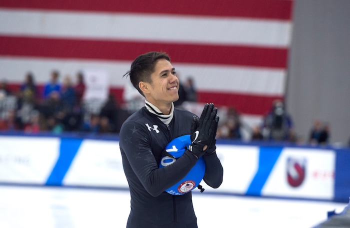 (Scott Sommerdorf   |  The Salt Lake Tribune)   
J.R. Celski thanks fans at the end of the U.S. short-track Olympic Team Trials at the Utah Olympic Oval, Sunday, December 17, 2017.  
