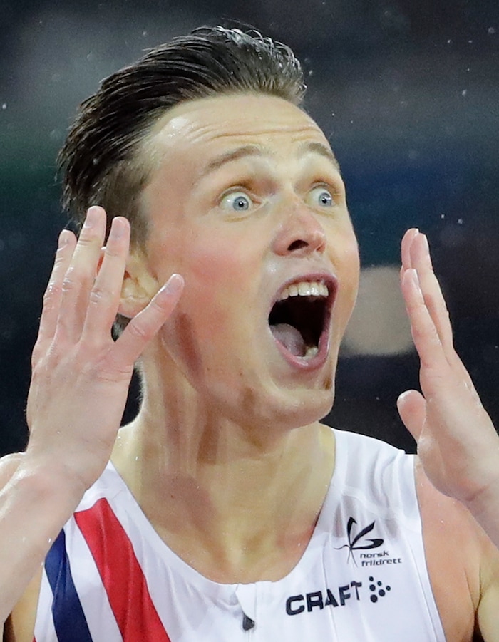 Norway's Karsten Warholm celebrates winning the gold medal in the Men's 400m hurdles during the World Athletics Championships in London Wednesday, Aug. 9, 2017. (AP Photo/David J. Phillip)