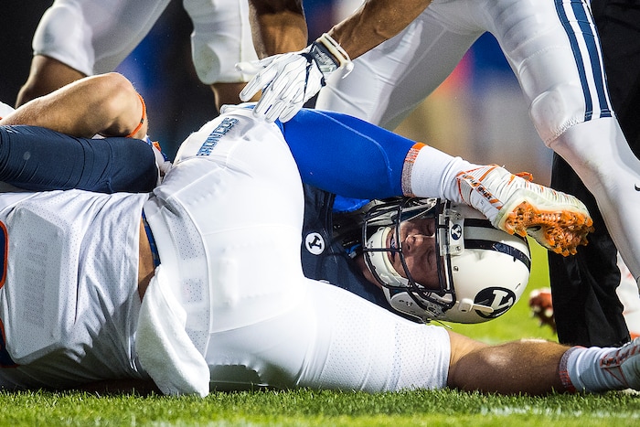 (Chris Detrick  |  The Salt Lake Tribune)  Boise State Broncos linebacker Leighton Vander Esch (38) tackles Brigham Young Cougars wide receiver Talon Shumway (21) during the game LaVell Edwards Stadium Friday, October 6, 2017. 