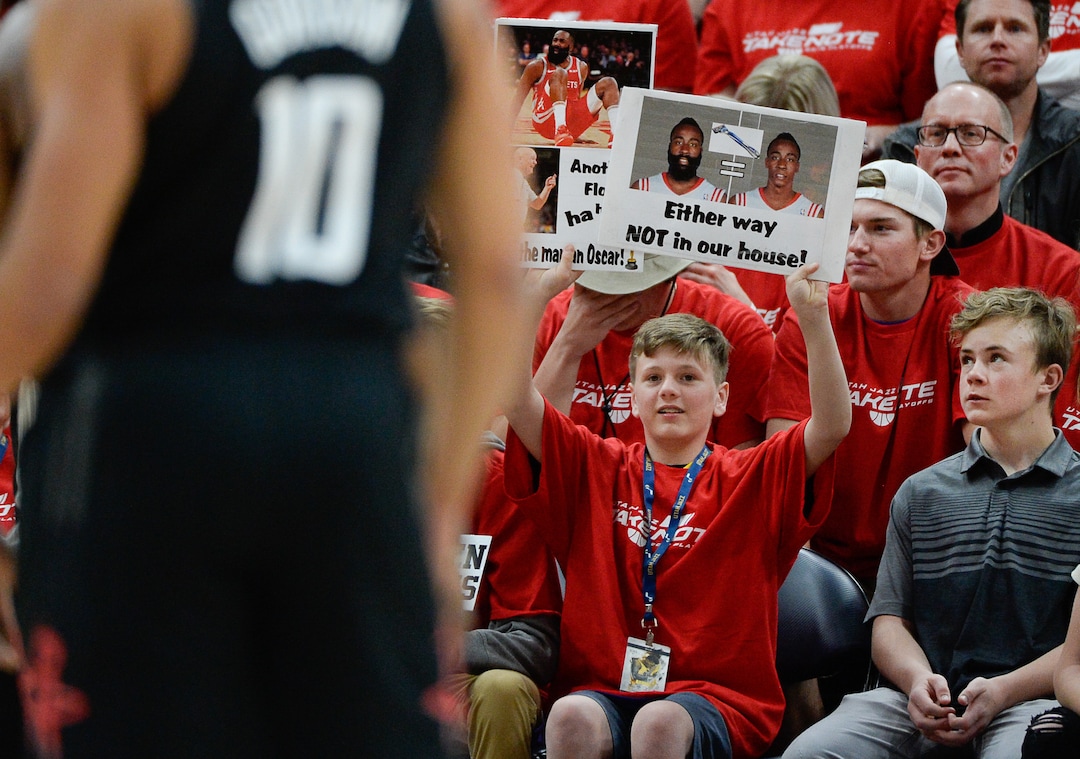 (Francisco Kjolseth  |  The Salt Lake Tribune)  A young fan gets into the spirit of competition in Game 3 of a first-round NBA basketball playoff series against the Rockets in Salt Lake City, Saturday, April 20, 2019.
