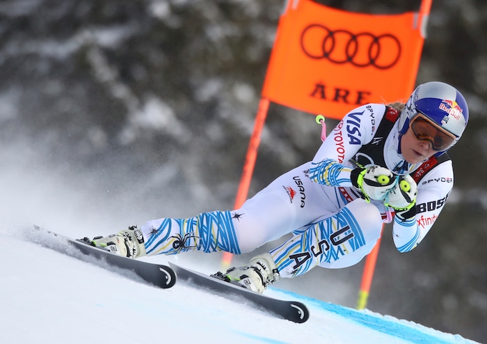 Lindsey Vonn speeds down the course during the women's downhill race, at the alpine ski World Championships in Are, Sweden, Sunday, Feb. 10, 2019. (AP Photo/Alessandro Trovati)