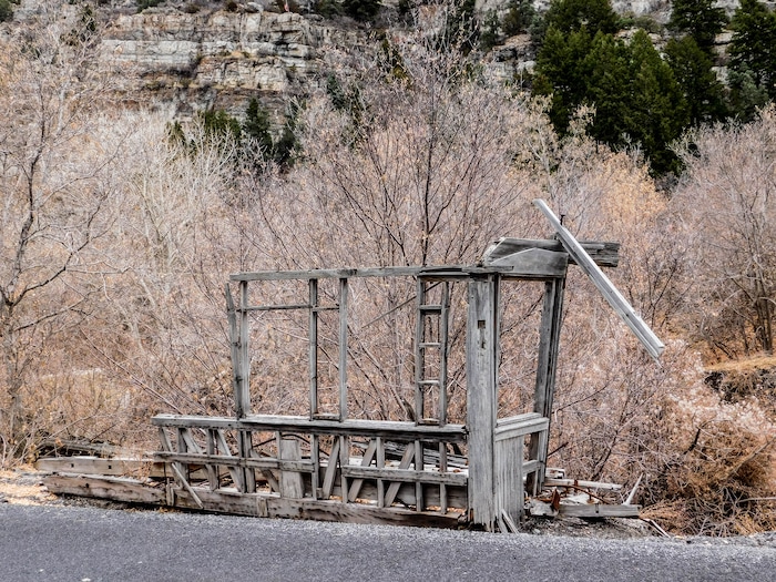 (Erin Alberty | The Salt Lake Tribune) Old mining structures and city buildings line the Ophir Canyon Road, monuments to the once-booming town there. Photo taken Nov. 20, 2017.